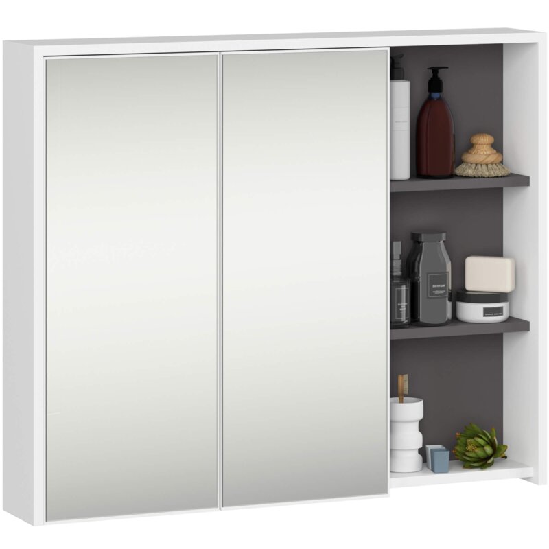 Szafka Åazienkowa wiszÄ ca z lustrem AKORD VAMI BiaÅa, Grafit Szary 90 cm 2 drzwi 6 póÅek 90x75x15 cm