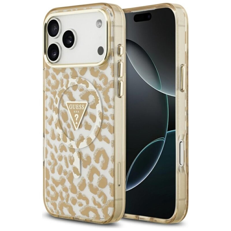 Etui GUESS Leopard Glitter MagSafe do Apple iPhone 17 Pro Max Brązowy
