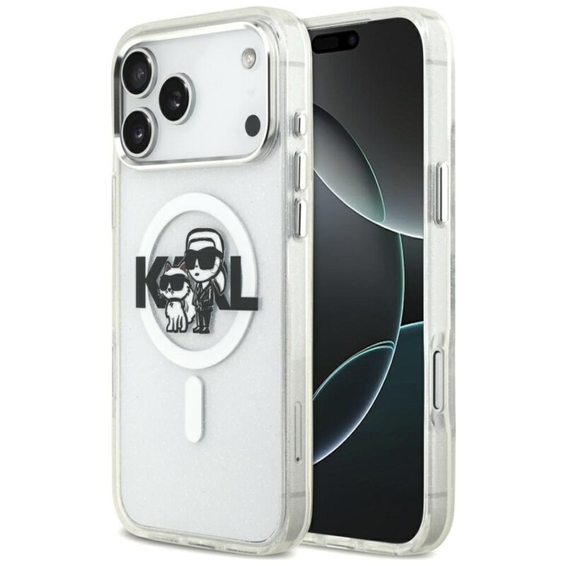 Etui KARL LAGERFELD IML Glitter Karl & Choupette Sketch Logo MagSafe do Apple iPhone 17 Pro Max Przezroczysty