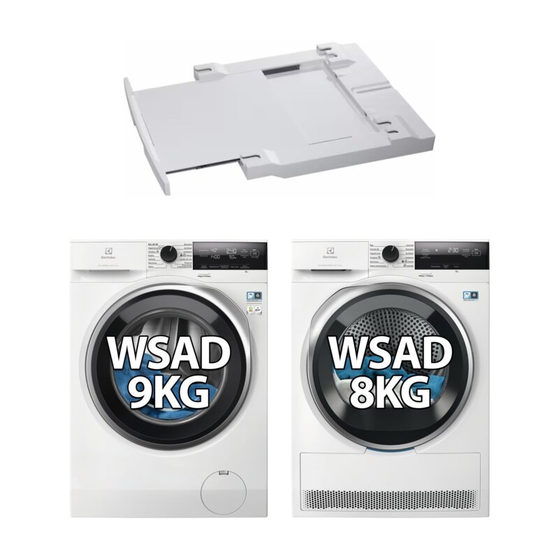 Pralka ELECTROLUX MEW3E9Y6P SensiCare 600 9kg 1400 obr + Suszarka ELECTROLUX DelicateCare 700 MEWD3E8E7P z pompą ciepła + Łącznik AEG A1WYHSK2