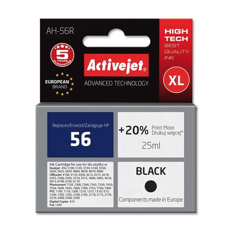 Activejet AH-56R Tusz do drukarki HP, Zamiennik HP 56 C6656A; Premium; 25 ml; czarny. Drukuje więcej o 20%.