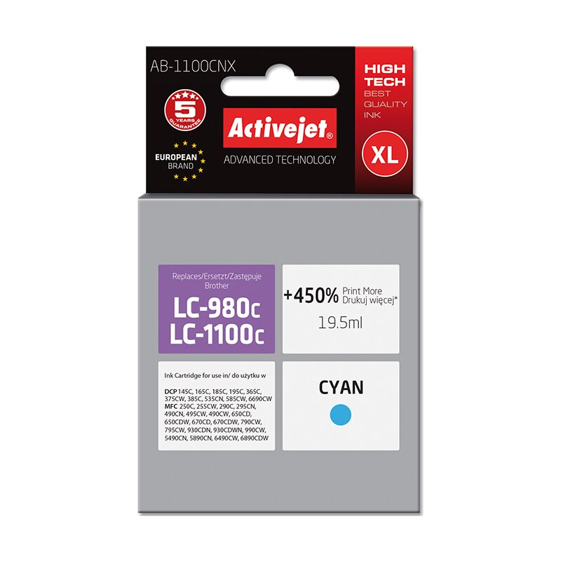Activejet AB-1100CNX Tusz do drukarki Brother, Zamiennik Brother LC1100C/980C; Supreme; 19,5 ml; błękitny. Drukuje więcej o 450%.