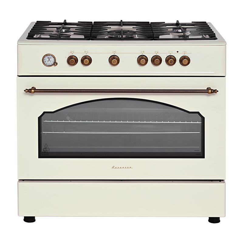 Kuchnia gazowo-elektryczna RAVANSON KWGE-90ARC Retro 90 cm | 5 palników + palnik WOK | termoobieg | rożen | kremowy