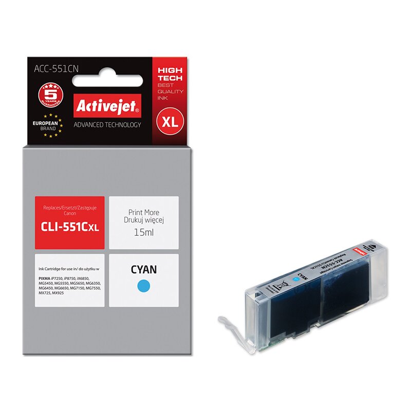 Activejet ACC-551CN Tusz do drukarki Canon, Zamiennik Canon CLI-551C; Supreme; 15 ml; błękitny.
