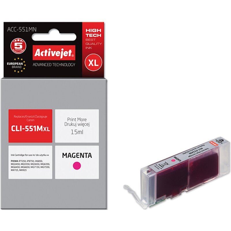 Activejet ACC-551MN Tusz do drukarki Canon, Zamiennik Canon CLI-551M; Supreme; 15 ml; purpurowy.