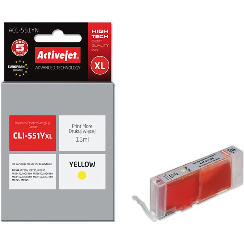 Activejet ACC-551YN Tusz do drukarki Canon, Zamiennik Canon CLI-551Y; Supreme; 15 ml; żółty.