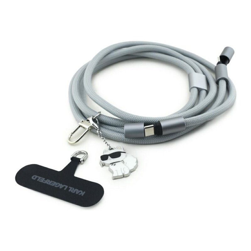 Smycz do telefonu z kablem do ładowania USB-C - USB-C KARL LAGERFELD Crossbody Strap Choupette Charm 60W 1.5 m Szary
