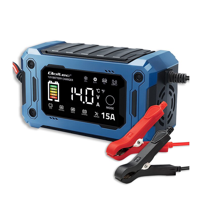 Qoltec Mikroprocesorowa ładowarka 12V 15A | Prostownik z funkcją naprawy i podtrzymania zasilania podczas wymiany akumulatora | do AGM GEL LiFePO4 |