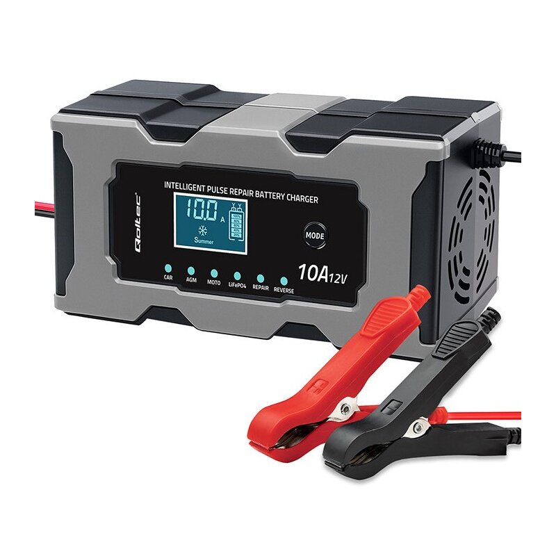 Qoltec Mikroprocesorowa ładowarka 12V 10A | Prostownik z funkcją naprawy do akumulatora AGM GEL LiFePO4 | LCD