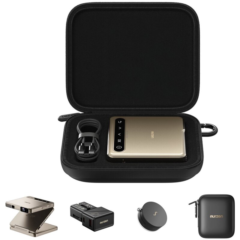 Projektor AURZEN Zip Tri-Fold Mini HD (1280 x 720), 100 ANSI lumen, Wi-Fi, Bluetooth Złoty (Zestaw 4 w 1)