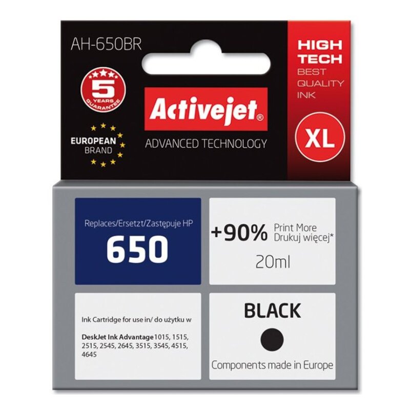 Activejet AH-650BR Tusz do drukarki HP, Zamiennik HP 650 CZ101AE; Premium; 20 ml; czarny. Drukuje więcej o 90%.