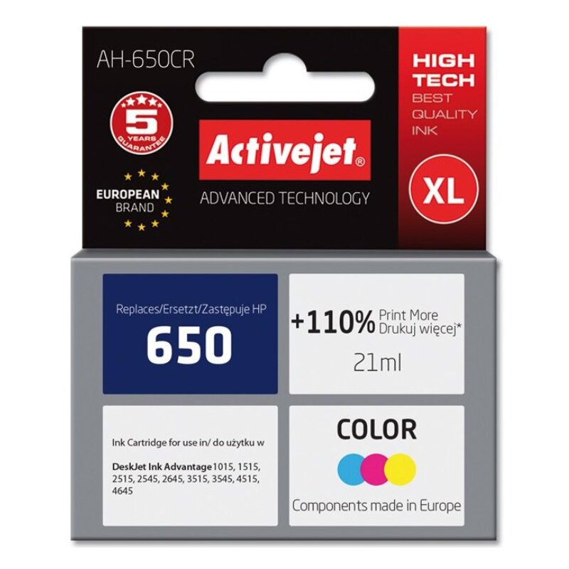 Activejet AH-650CR Tusz do drukarki HP, Zamiennik HP 650 CZ102AE; Premium; 21 ml; kolor. Drukuje więcej o 110%.