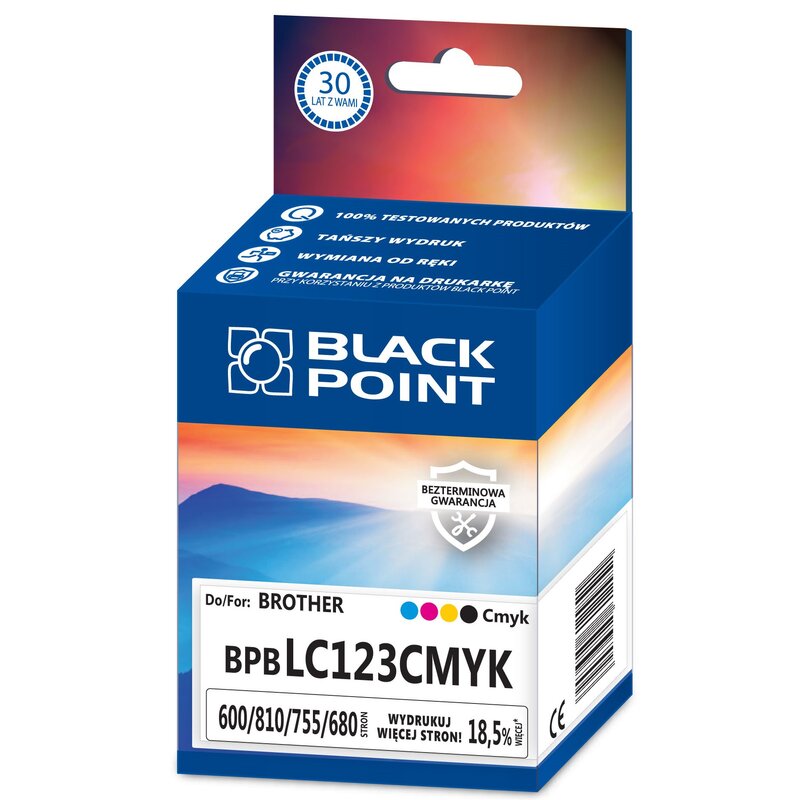 Zestaw tuszów BLACK POINT do Brother LC-123 Czarny 18 ml, Błękitny 10.5 ml, Purpurowy 10.5 ml, Żółty 10.5 ml BPBLC123CMYK