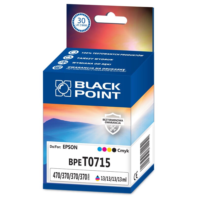Zestaw tuszów BLACK POINT do Epson T0715 Czarny 13 ml, Błękitny 13 ml, Purpurowy 13 ml, Żółty 13 ml BPET0715