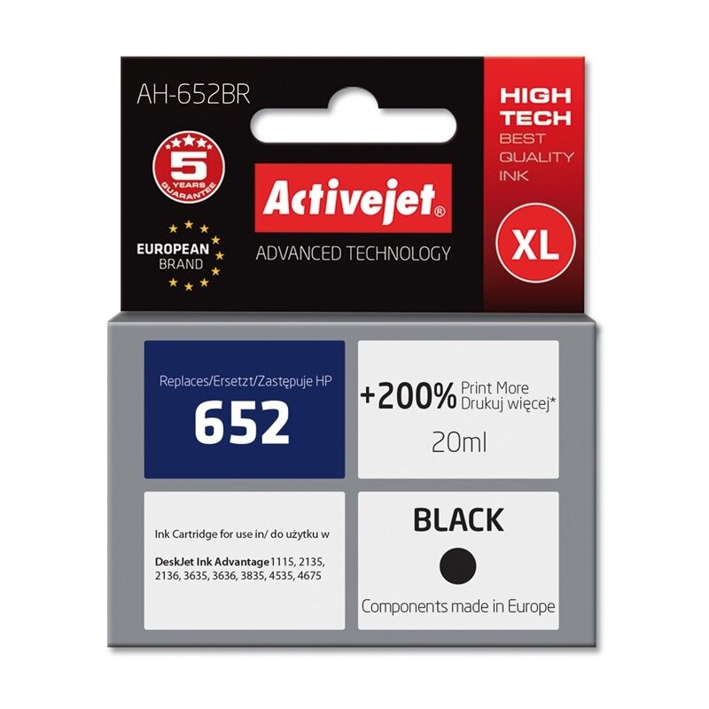 Activejet AH-652BR Tusz do drukarki HP, Zamiennik HP 652 F6V25AE; Premium; 20 ml; czarny. Drukuje więcej o 200%.
