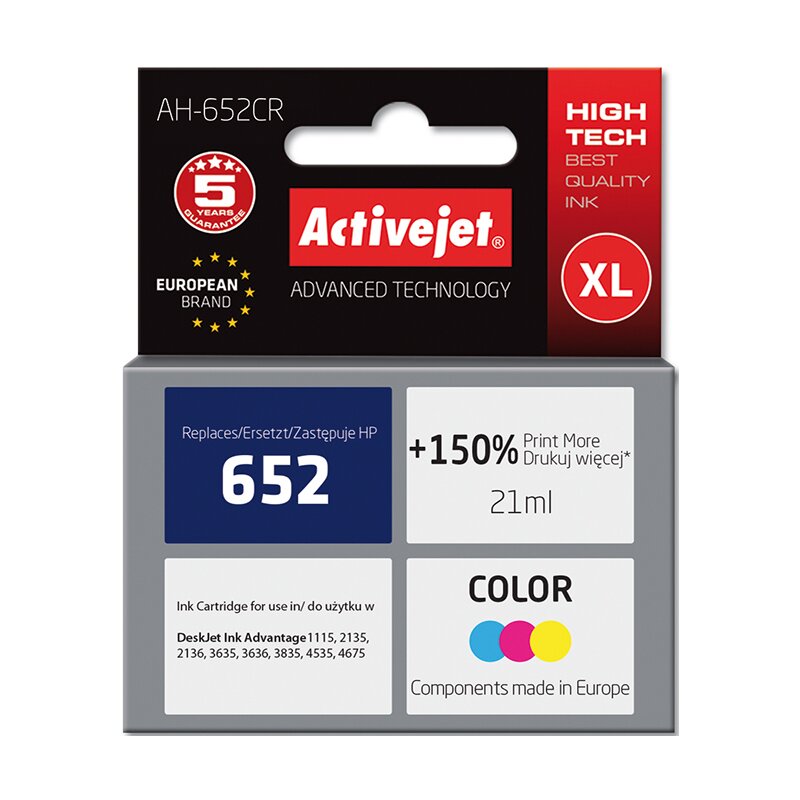 Activejet AH-652CR Tusz do drukarki HP, Zamiennik HP 652 F6V24AE; Premium; 21 ml; kolor. Drukuje więcej o 150%.