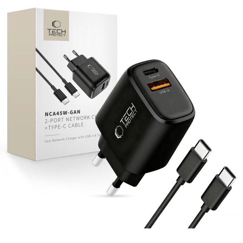 Ładowarka sieciowa TECH-PROTECT NCA45W PD 45W Czarny ładowarka do telefonu USB, USB-C + kabel
