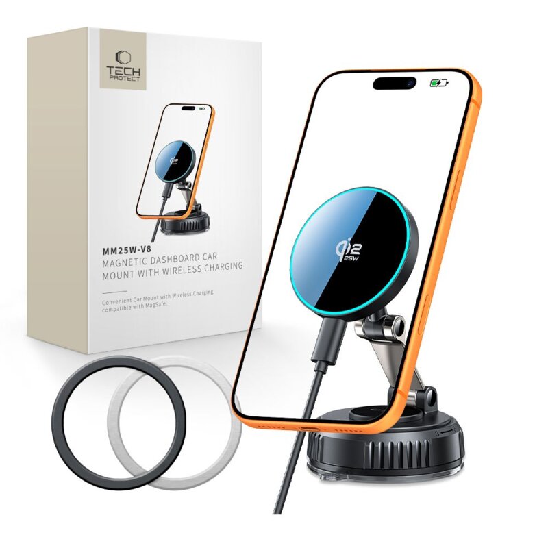 Uchwyt na telefon i smartfon TECH-PROTECT MM25W-V8 QI2.2 Czarny uchwyt samochodowy na szybę i deskę rozdzielczą