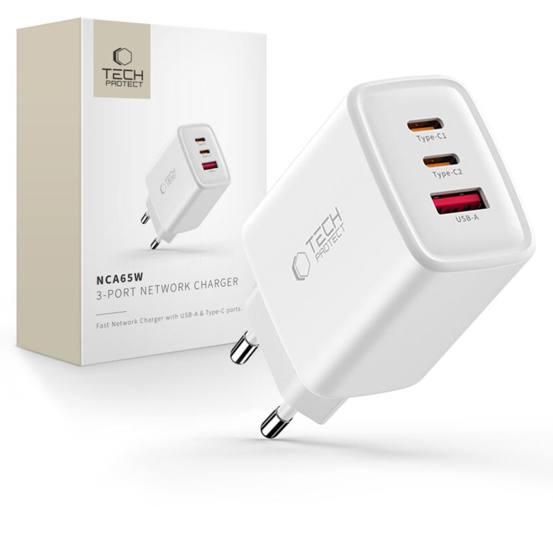 Ładowarka sieciowa TECH-PROTECT NCA65W PD 65W Biały ładowarka do telefonu USB, USB-C