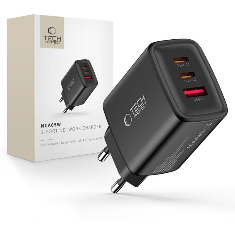 Ładowarka sieciowa TECH-PROTECT NCA65W PD 65W Czarny ładowarka do telefonu USB, USB-C