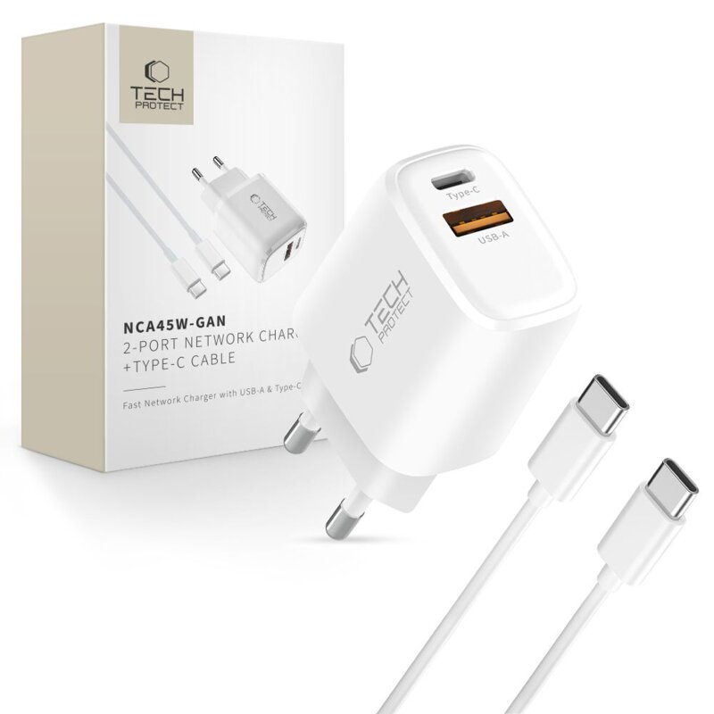 Ładowarka sieciowa TECH-PROTECT NCA45W PD 45W Biały ładowarka do telefonu USB, USB-C + kabel