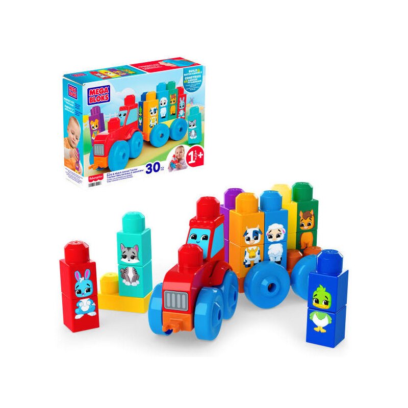 Klocki plastikowe MEGA BLOKS Fisher Price Traktor ze zwierzątkami Buduj i dopasowuj JKG33