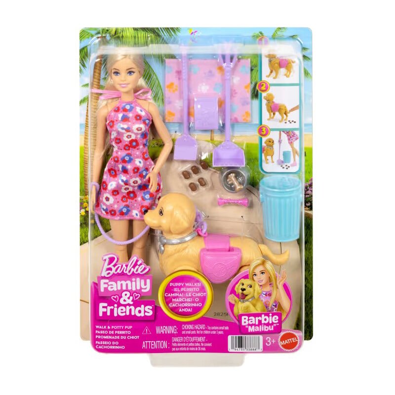 Lalka Barbie Family & Friends Malibu Spacer z pieskiem czyścioszkiem JJB46