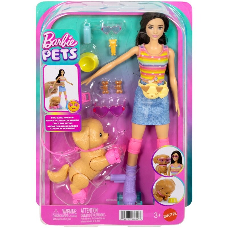Lalka Barbie Pets Jazda na wrotkach Brunetka JMJ45