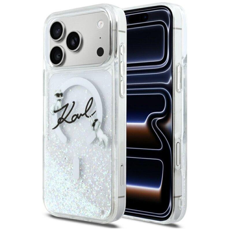 Etui KARL LAGERFELD Liquid Glitter Karl Script Logo MagSafe do Apple iPhone 17 Pro Max Przezroczysty