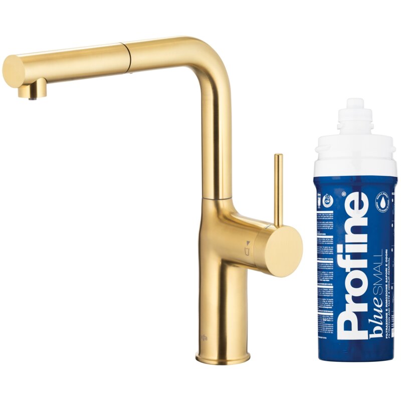 Bateria kuchenna stojąca KFA ARMATURA Duero Pure Move Pull-Out z filtrem Profine Blue S Złoty szczotkowany 6623-423-39