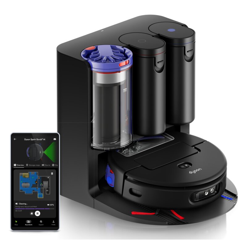 Dyson Spot+Scrub Ai Funkcja mopowania Stacja oczyszczająca Tworzenie mapy pomieszczenia 76dB Funkcje AI Czarny