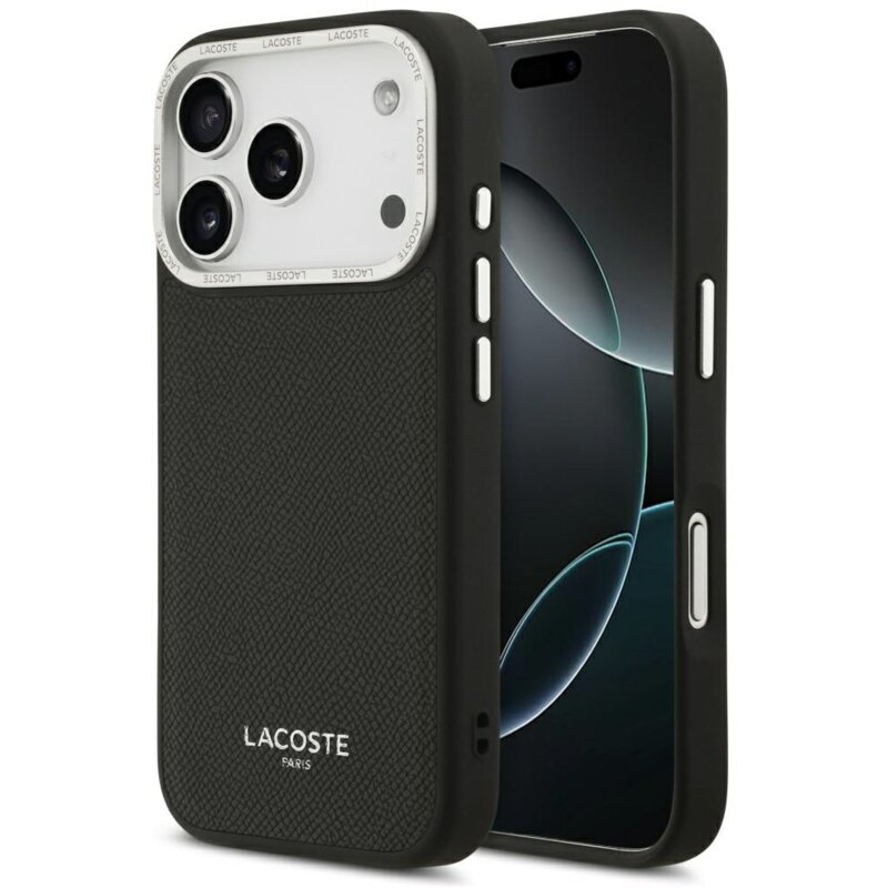 Etui LACOSTE Champs Elysees Silver Logo MagSafe do Apple iPhone 17 Pro Czarny