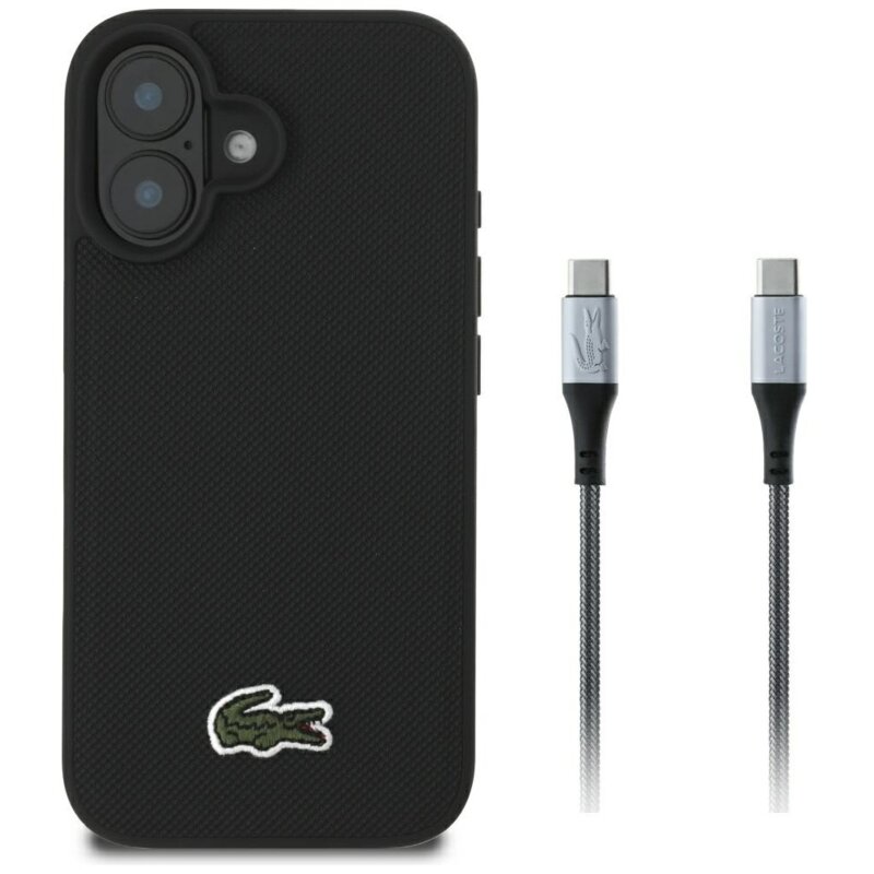 Etui LACOSTE Iconic Petit Pique Woven MagSafe do iPhone 16 Czarny + kabel USB-C - USB-C