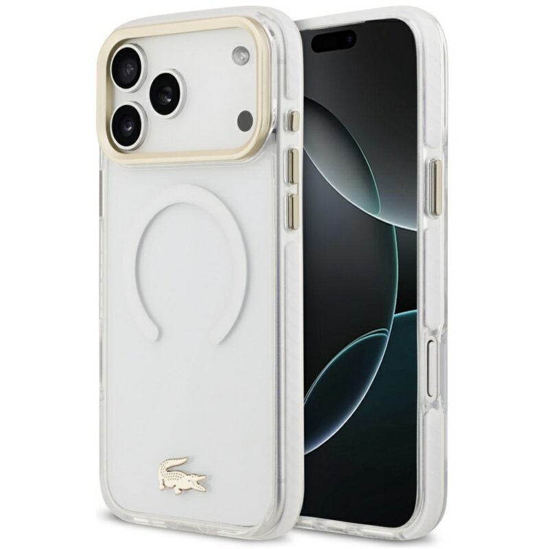 Etui LACOSTE Shockproof Transparent Frosted Gold Logo MagSafe do Apple iPhone 17 Pro Max Biały