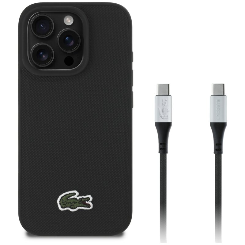 Etui LACOSTE Iconic Petite Pique Woven MagSafe do Apple 16 Pro Max + kabel USB-C - USB-C Czarny