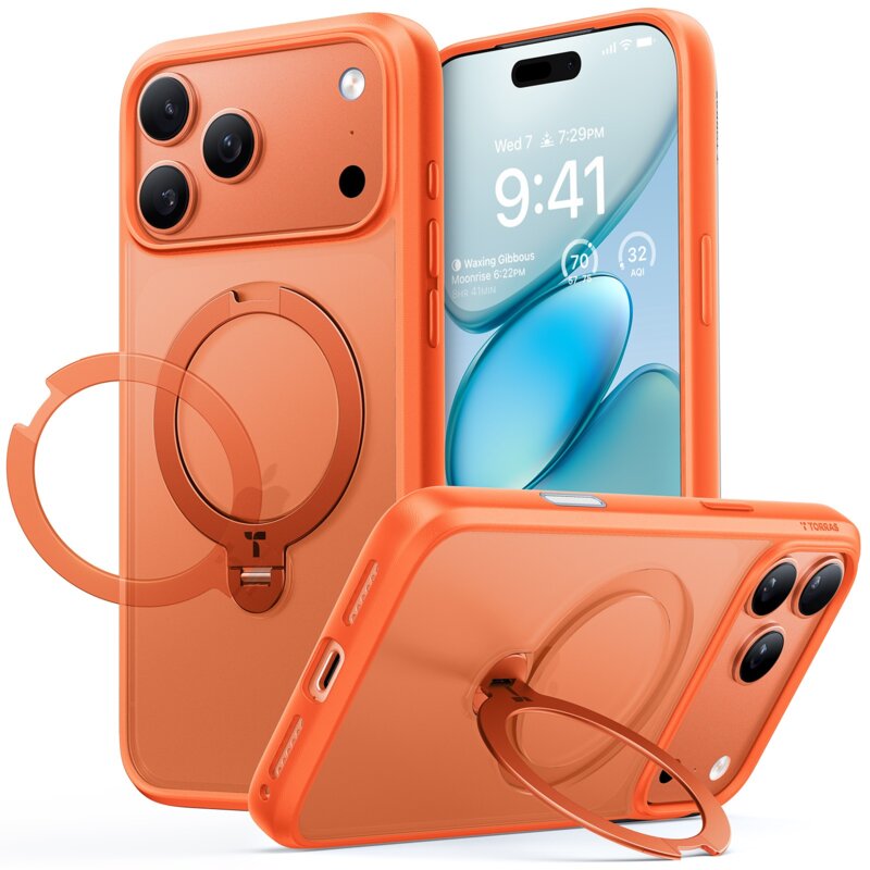 Etui TORRAS Ostand Spin MagSafe do Apple iPhone 17 Pro Max Pomarańczowy
