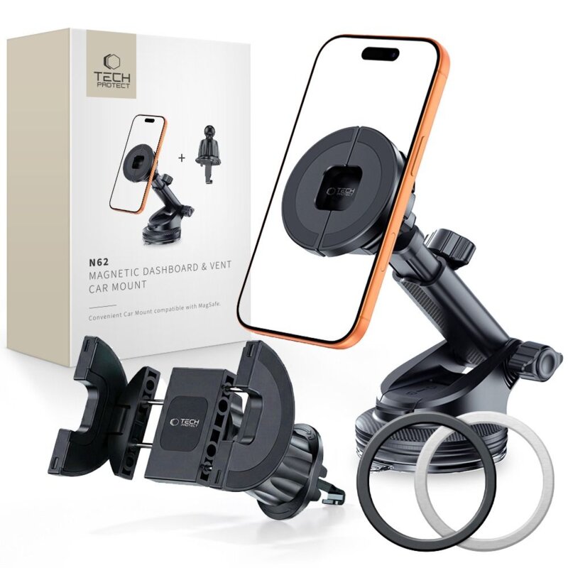 Uchwyt na telefon i smartfon TECH-PROTECT N62 2w1 Universal & MagSafe Dashboard & Vent Car Mount Czarny uchwyt samochodowy na szybę, kratkę nawiewu i deskę rozdzielczą