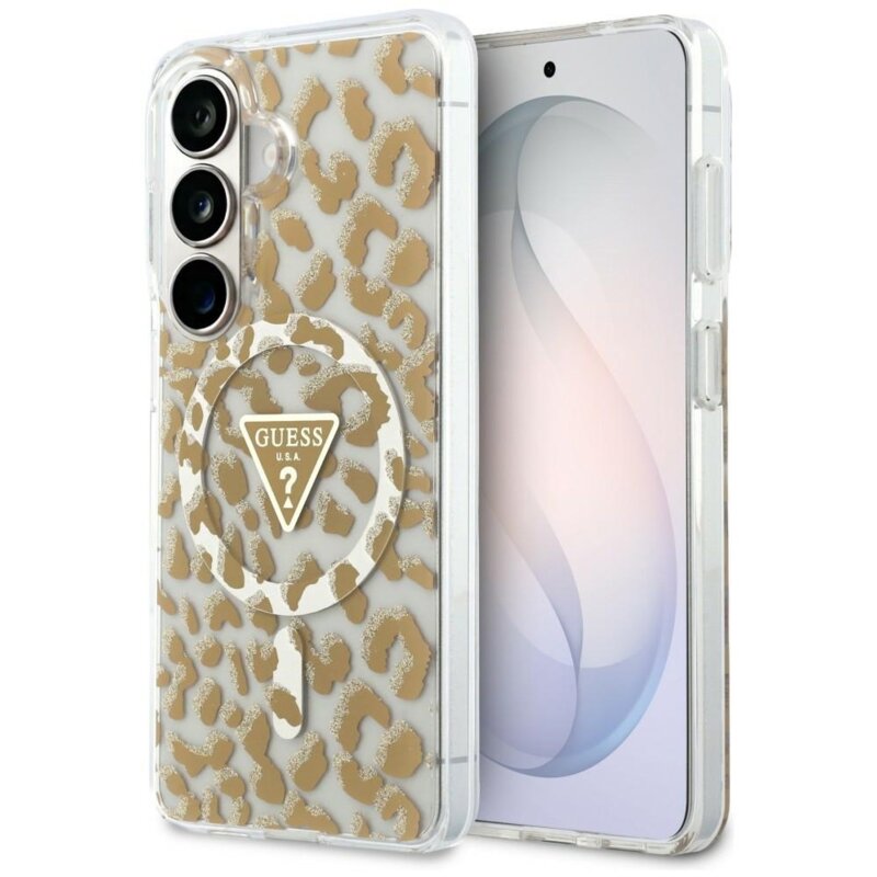 Etui GUESS IML Leopard Print Triangle MagSafe do Samsung Galaxy S26 Brązowy