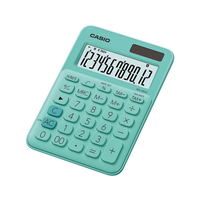 Kalkulator CASIO MS-20UC-GN-S Zasilanie bateryjno-słoneczne, 3 pamięci Zielony