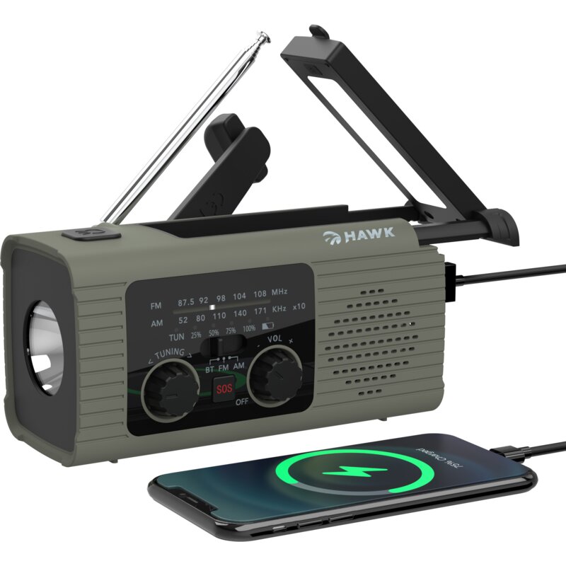 Hawk Expedition R10 Na korbkę, Solarne, Latarka, Radio FM Szary