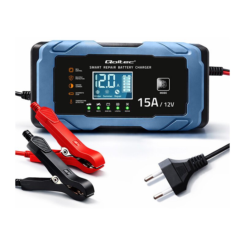 Inteligentna ładowarka QOLTEC 52666 do akumulatorów AGM GEL LiFePO4 12V 15A