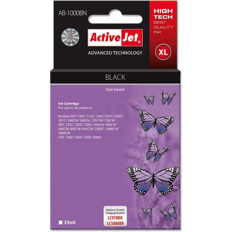 Activejet AB-1000BN Tusz do drukarki Brother, Zamiennik Brother LC1000BK/970BK; Supreme; 35 ml; czarny. Drukuje więcej o 120%.