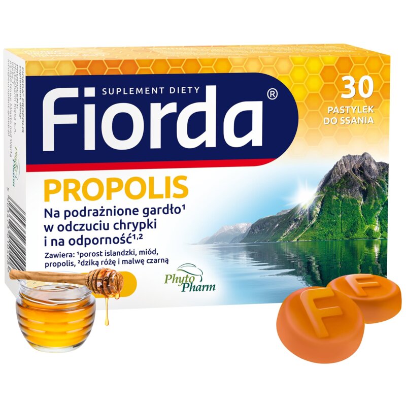 Suplement diety PHYTOPHARM Fiorda Propolis Na gardło Miód (30 pastylek)