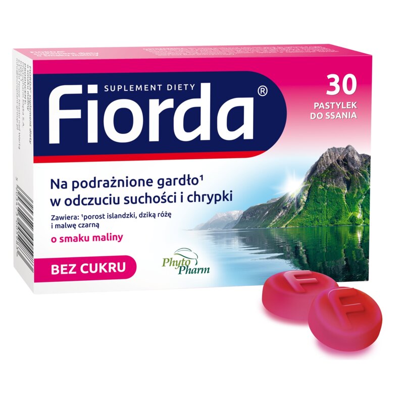 Suplement diety PHYTOPHARM Fiorda Na gardło Malinowy (30 pastylek)