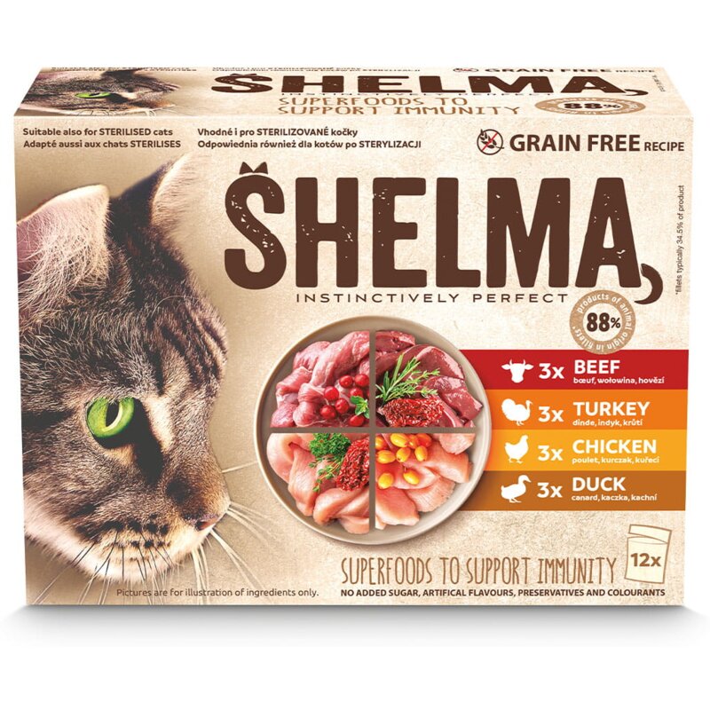 SHELMA z indykiem, kaczką, kurczakiem i wołowiną w sosie Box - mokra karma dla kota - 12x85g