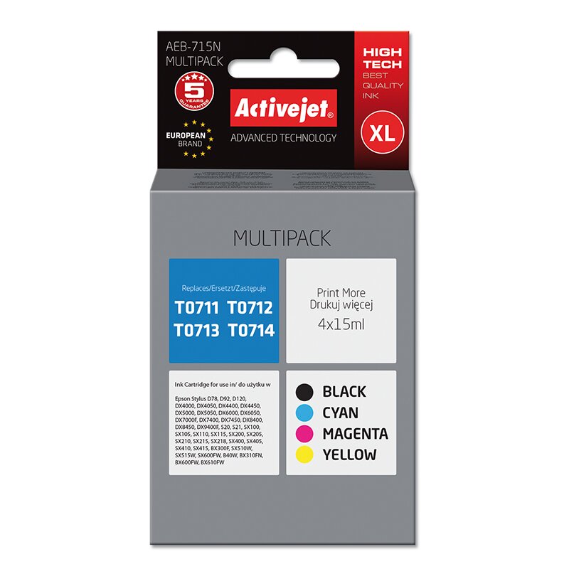 Activejet AEB-715N Tusz do drukarki Epson, Zamiennik Epson T0715;  Supreme;  4 x 15 ml;  czarny, purpurowy, błękitny, żółty.