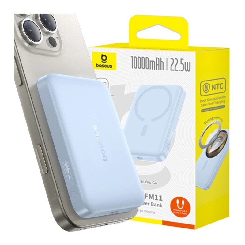Powerbank Baseus Enerfill Fm11 Ultra-Mini 10000Mah 22,5W Indukcyjny Kompatybilny Z Magsafe Z Białym Kablem Basus Simple USB-C 20V/3A 0,3M - Niebieski