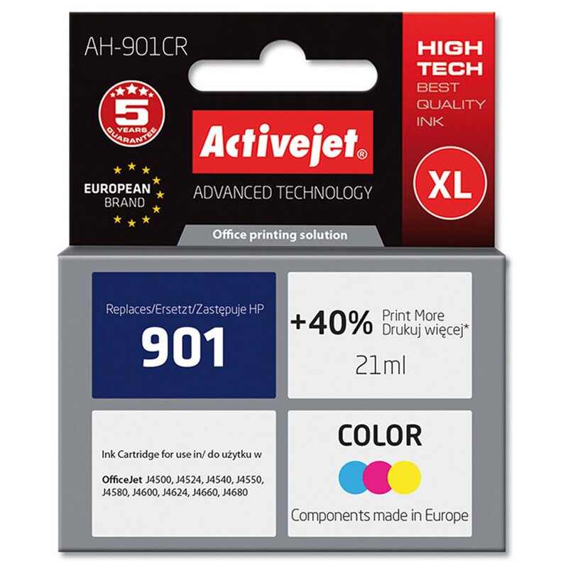 Activejet AH-901CR Tusz do drukarki HP, Zamiennik HP 901 CC656AE; Premium; 21 ml; kolor. Drukuje więcej o 40%.