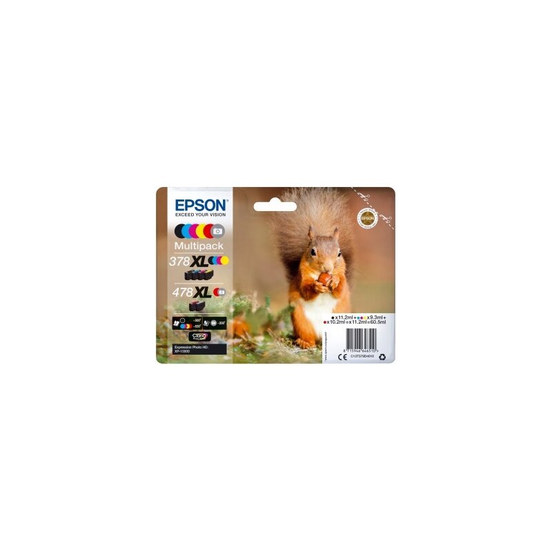 Zestaw tuszów EPSON 378XL / 478XL Czarny 11.2 ml, Błękitny 9.3 ml, Purpurowy 9.3 ml, Żółty 9.3 ml, Czerwony 10.2 ml, Szary 11.2 ml C13T379D4010
