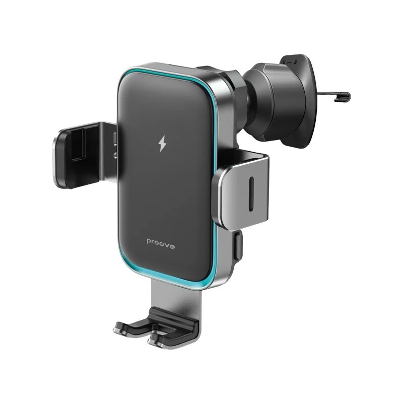 Uchwyt na telefon i smartfon PROOVE Triple Clamp Pro z ładowarką indukcyjną Qi3 15W Szary uchwyt samochodowy na kratkę nawiewu